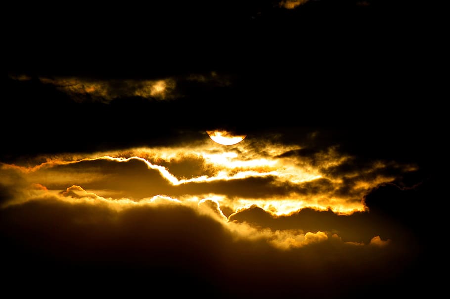 sunset, cloud cover, covered, dark, sky, mood, clouds, closed cloud cover HD wallpaper