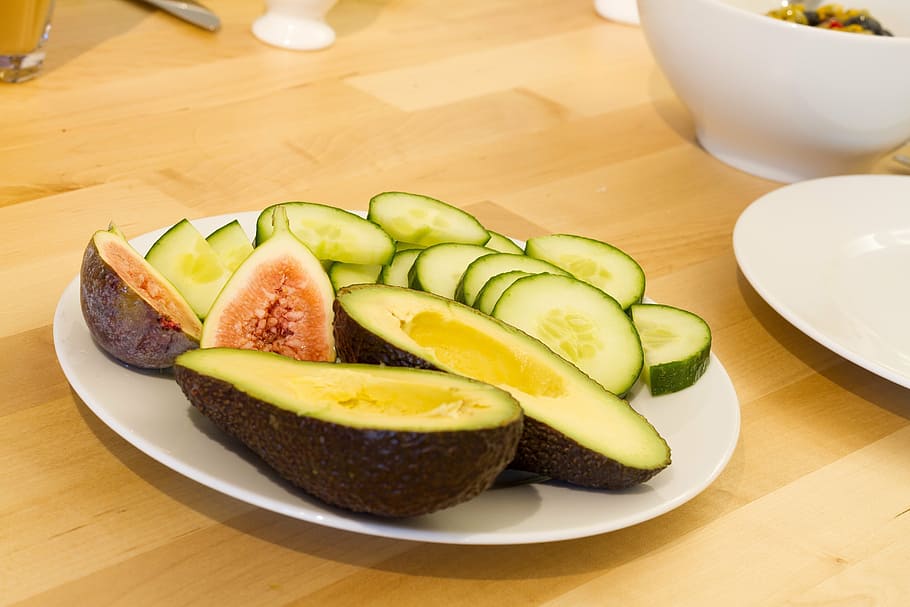 avocado, figs, cucumber, fruit, vegetables, breakfast, nutrition HD wallpaper