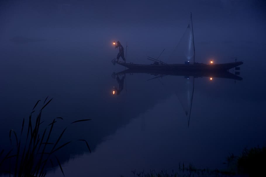 HD wallpaper: boat, fisherman, night, dark, fishing, light, lamps, water