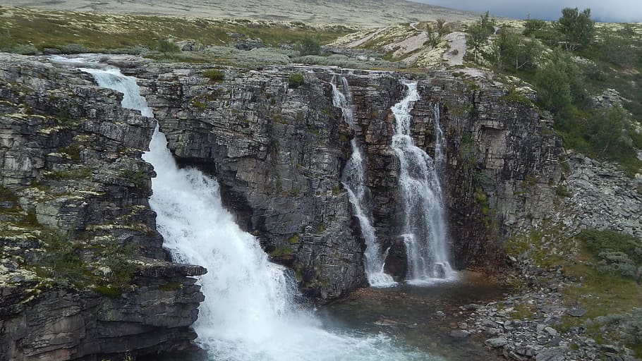 Waterfall, River, Rock, cliff, scenics, nature, motion, rock - object HD wallpaper