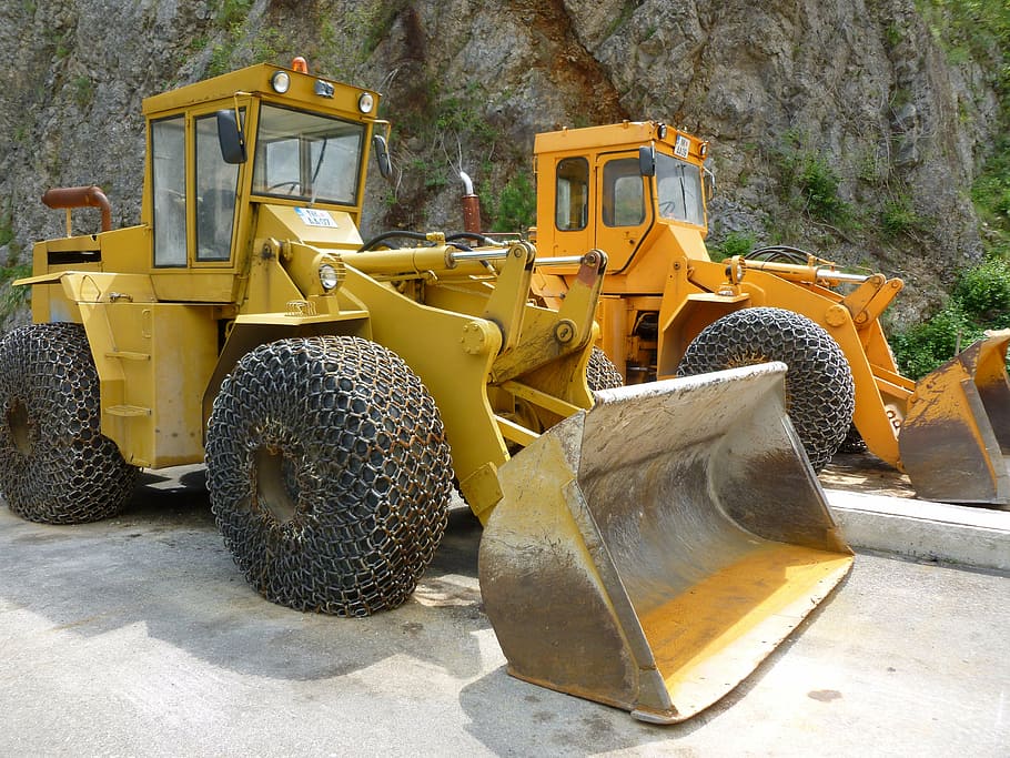 scraper, work, machines, construction machinery, yellow, day HD wallpaper