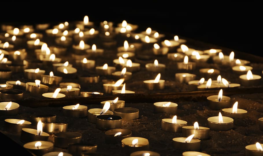 white lighted tealight candles lot, tea lights, church, prayer