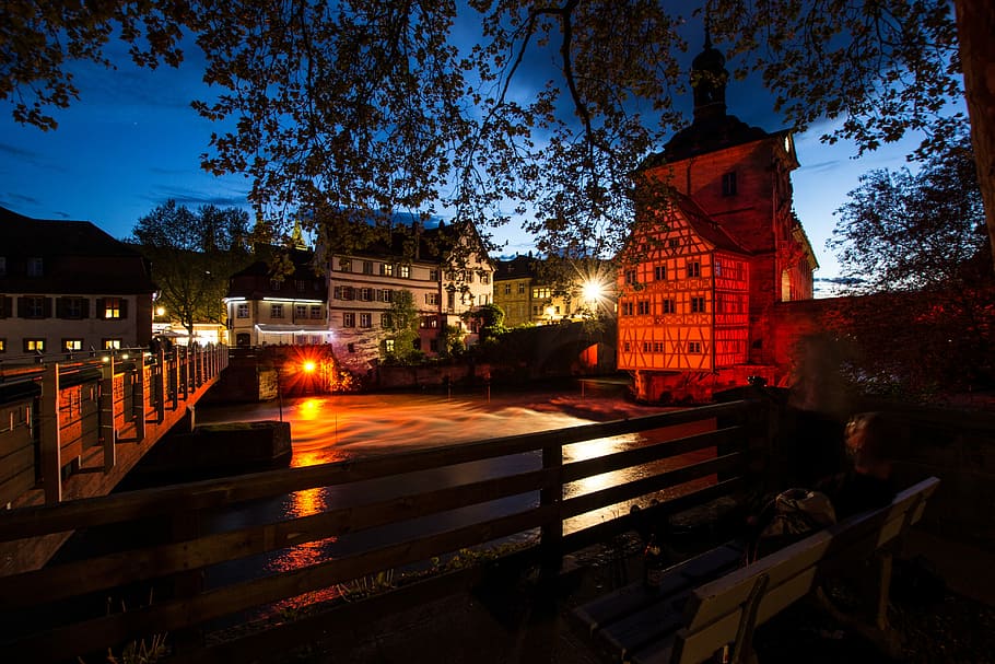 Water, Bridge, Bridge, River, Web, Mirroring, town hall, bamberg HD wallpaper