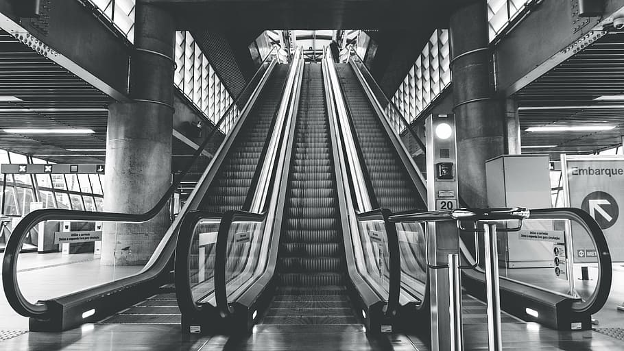 grayscale photo of escalators, architecture, building, infrastructure HD wallpaper