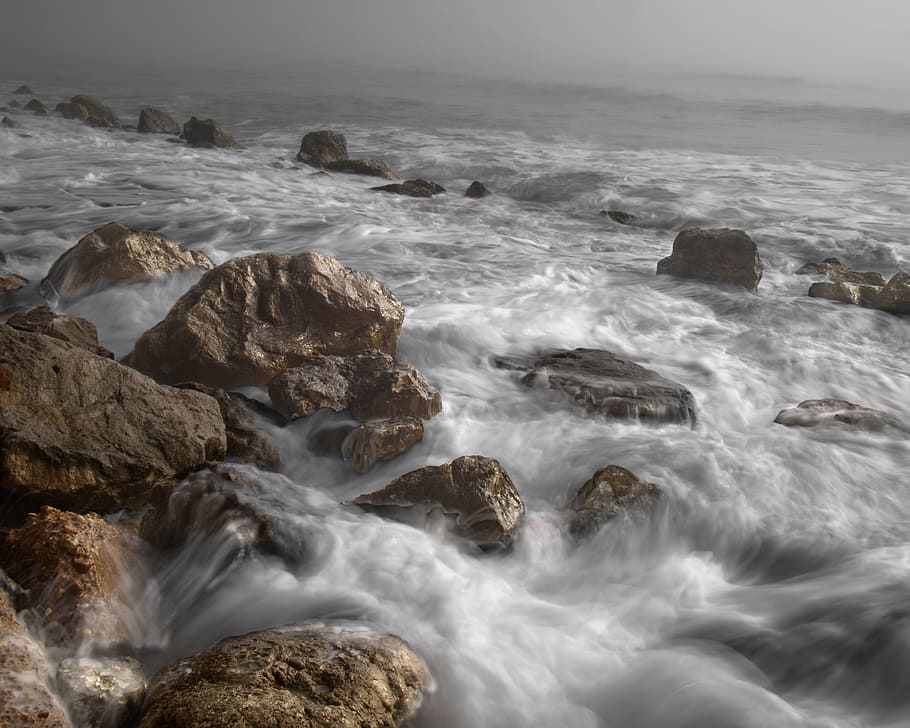 time lapse photo of body of water, ocean, waves, tide, stones HD wallpaper
