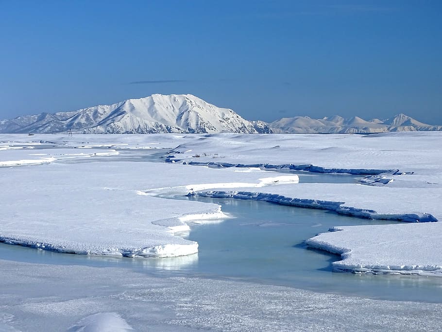 mountain cover by snow under blue sky, mountains, river, ice HD wallpaper