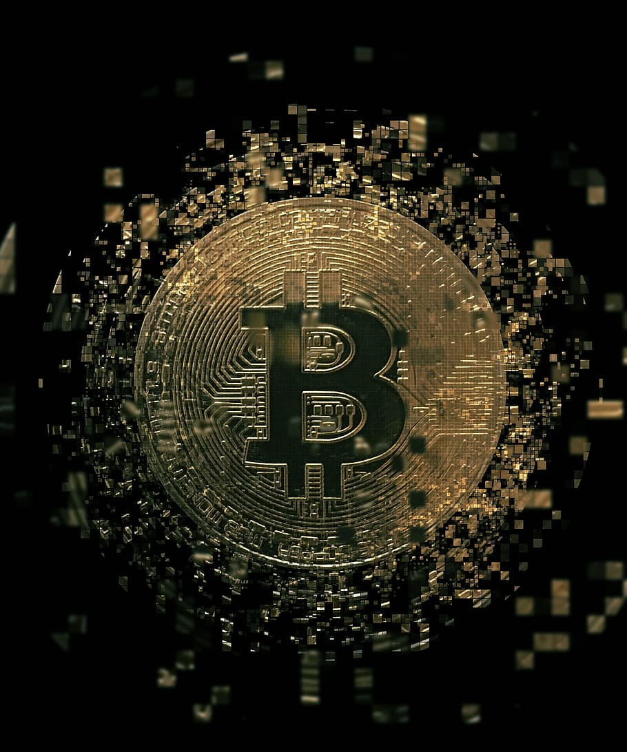 gold-colored Bitcoin coin, cryptocurrency, blockchain, money HD wallpaper