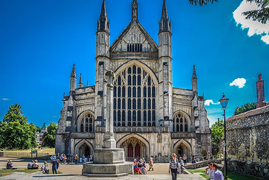 people standing outside cathedral, winchester, historic, england, HD wallpaper