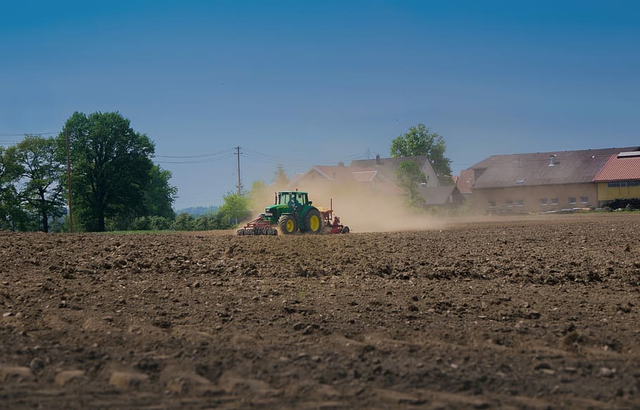 tractor, field, farm, sky, transportation, nature, tree, land vehicle HD wallpaper