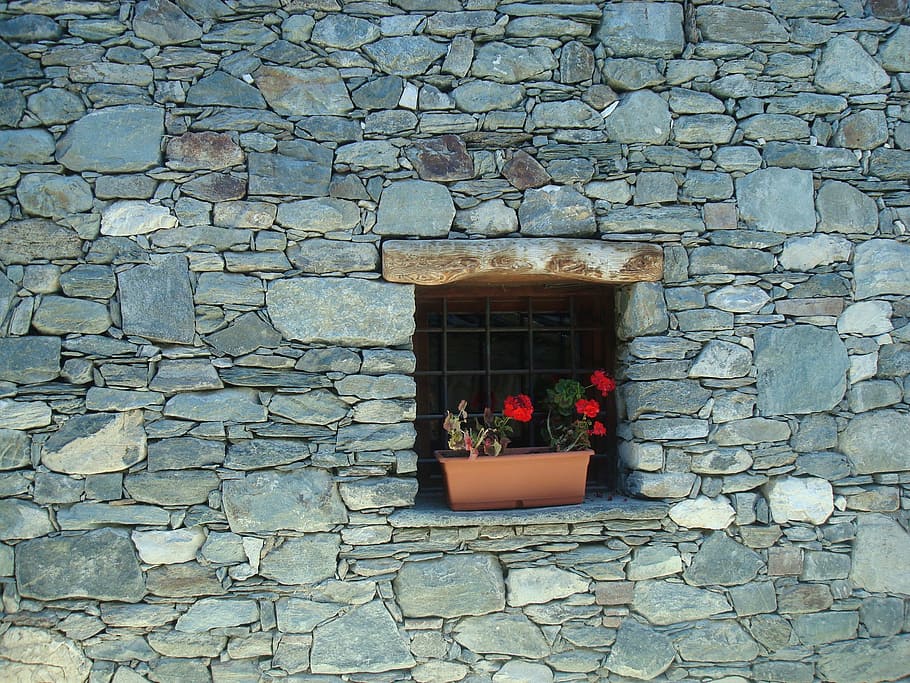 gerani, stone wall, house, architecture, built structure, day HD wallpaper