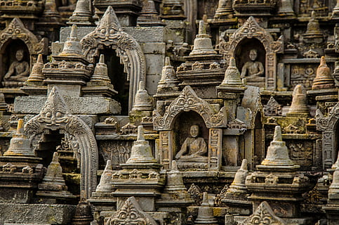 gray concrete sleeping Buddha statues, borobudur, temple, mini HD wallpaper