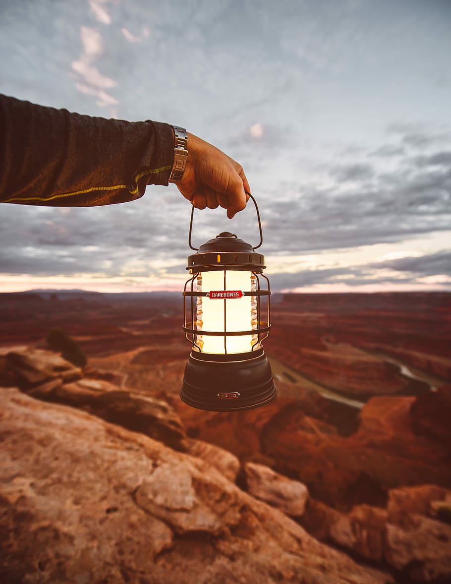 person holding camping lantern, person holding lantern, light HD wallpaper