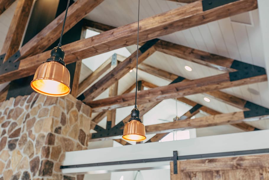 two brown pendant lamps turned on in room, two turn on pendant lamps HD wallpaper