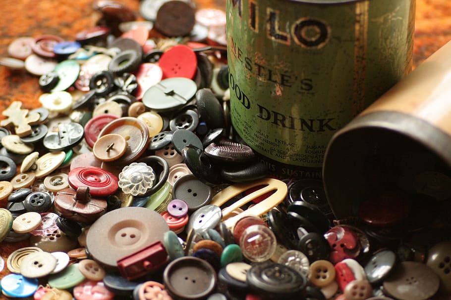 assorted-color-and-size button lot, buttons, button tin, sewing, HD wallpaper