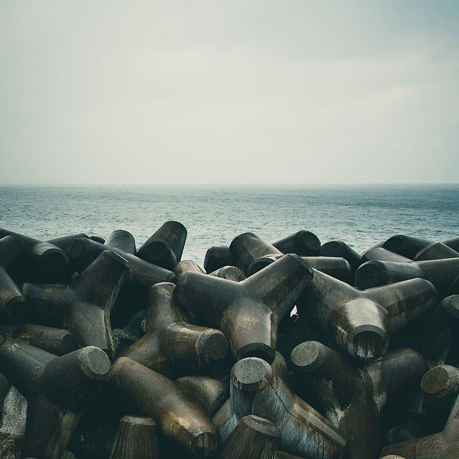 Breakwater, Ocean, Rocks, Sand, Sea, seascape, seashore, sky HD wallpaper