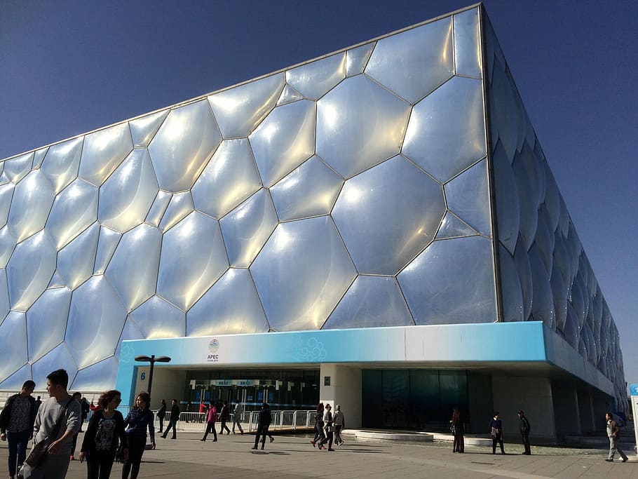 Olympic Village, Beijing, Watercube, large group of people HD wallpaper