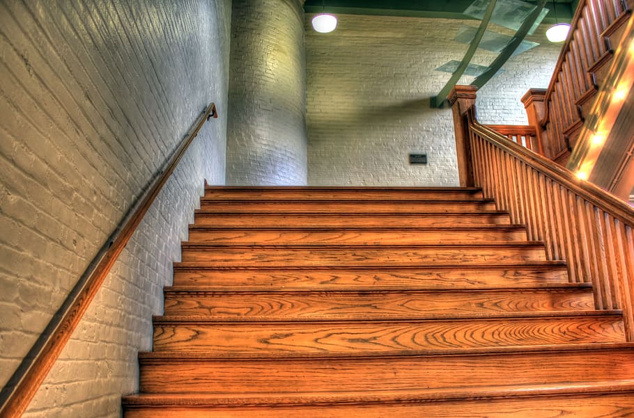 HD wallpaper: photo of brown wooden stairs, staircase, architecture