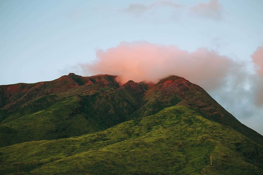 green mountain, grass, highland, peak, summit, cloud, sky, sunset HD wallpaper