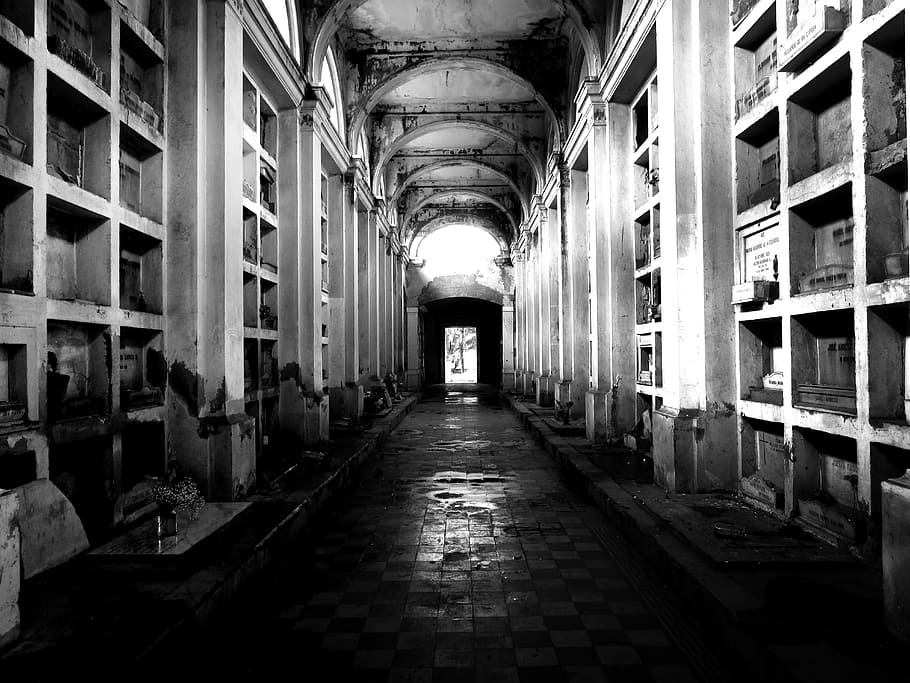 grayscale photo of concrete building, cemetery, path, hall HD wallpaper