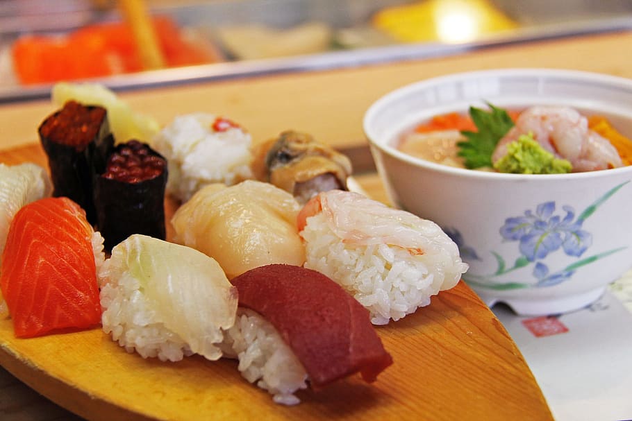 sushi dish on brown wooden board, Authentic, Sashimi, Shrimp, HD wallpaper