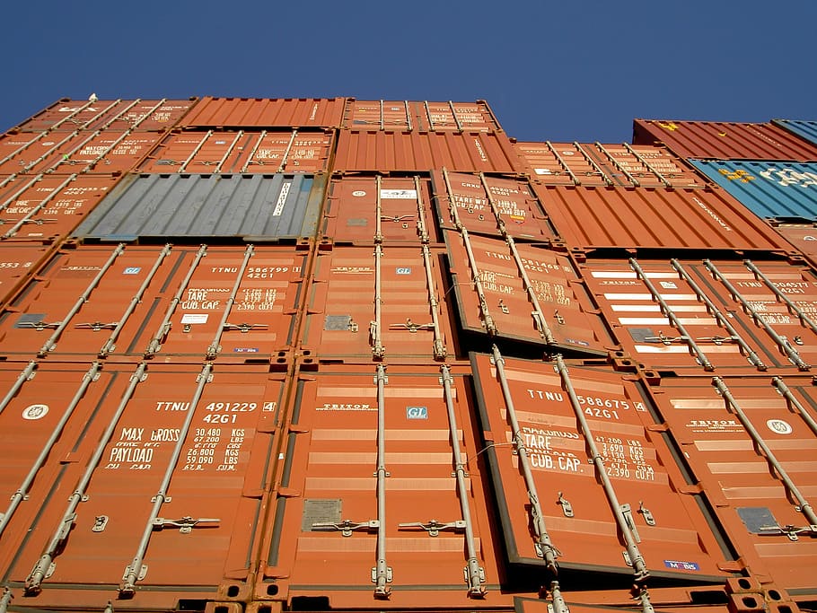 low angle photo of orange intermodal container stack at daytime, HD wallpaper