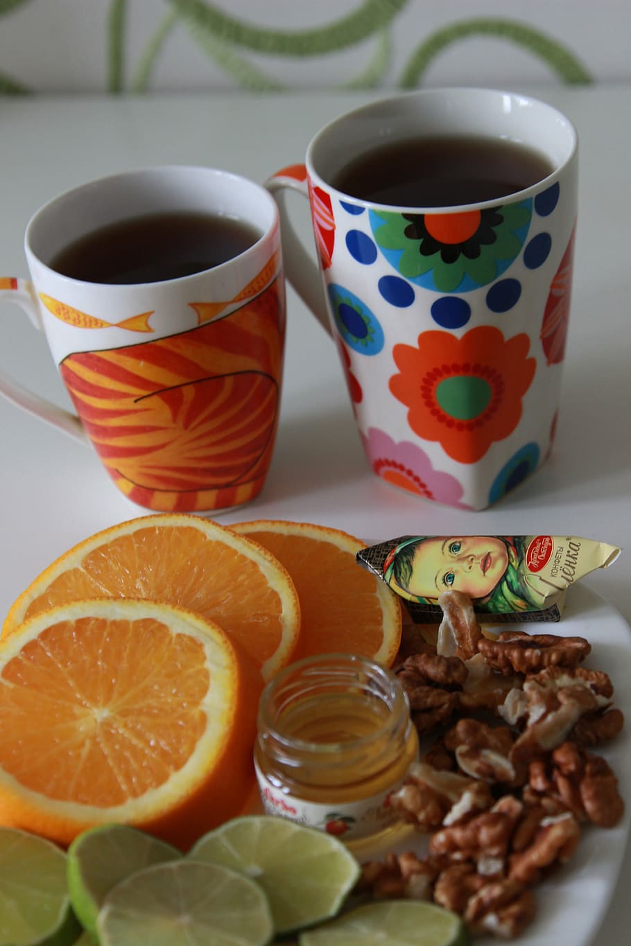 tea time, orange, table, tea cups, morning, breakfast, health HD wallpaper
