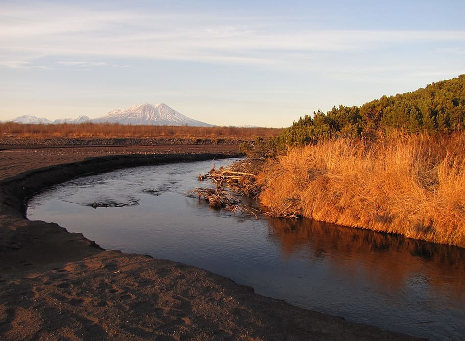 autumn, river, volcano, hill, hills, landscape, nature, quiet river HD wallpaper