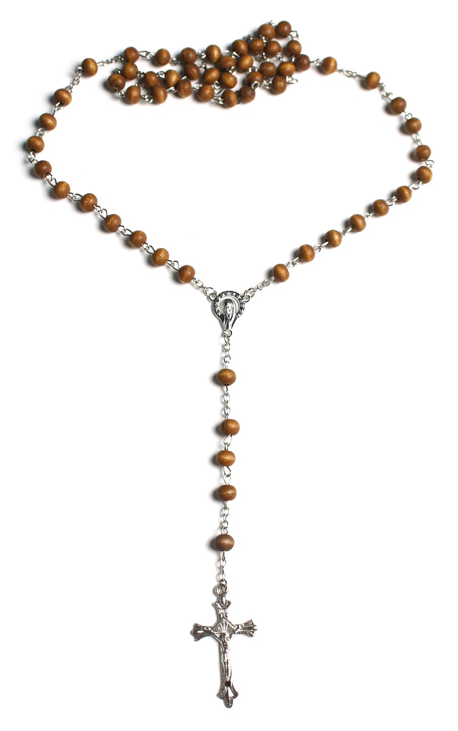brown rosary prayer beads, wooden rosary, beaded, silver, plated