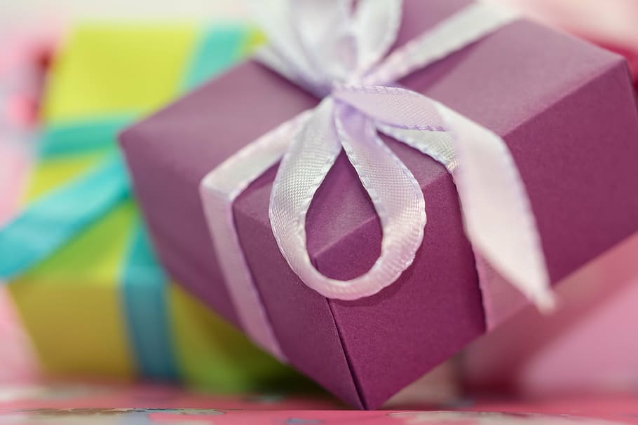 selective focus photography of purple gift box, made, package HD wallpaper
