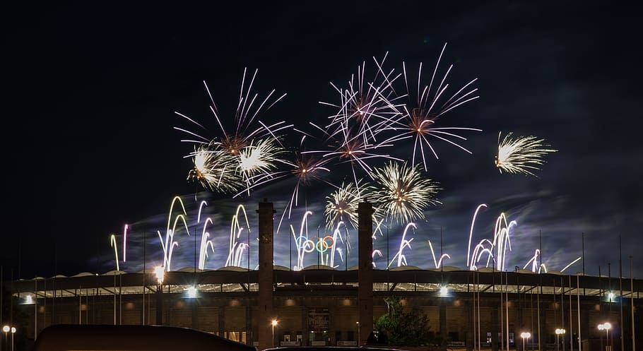 fireworks, pyronale, berlin, event, olympic stadium, night, HD wallpaper