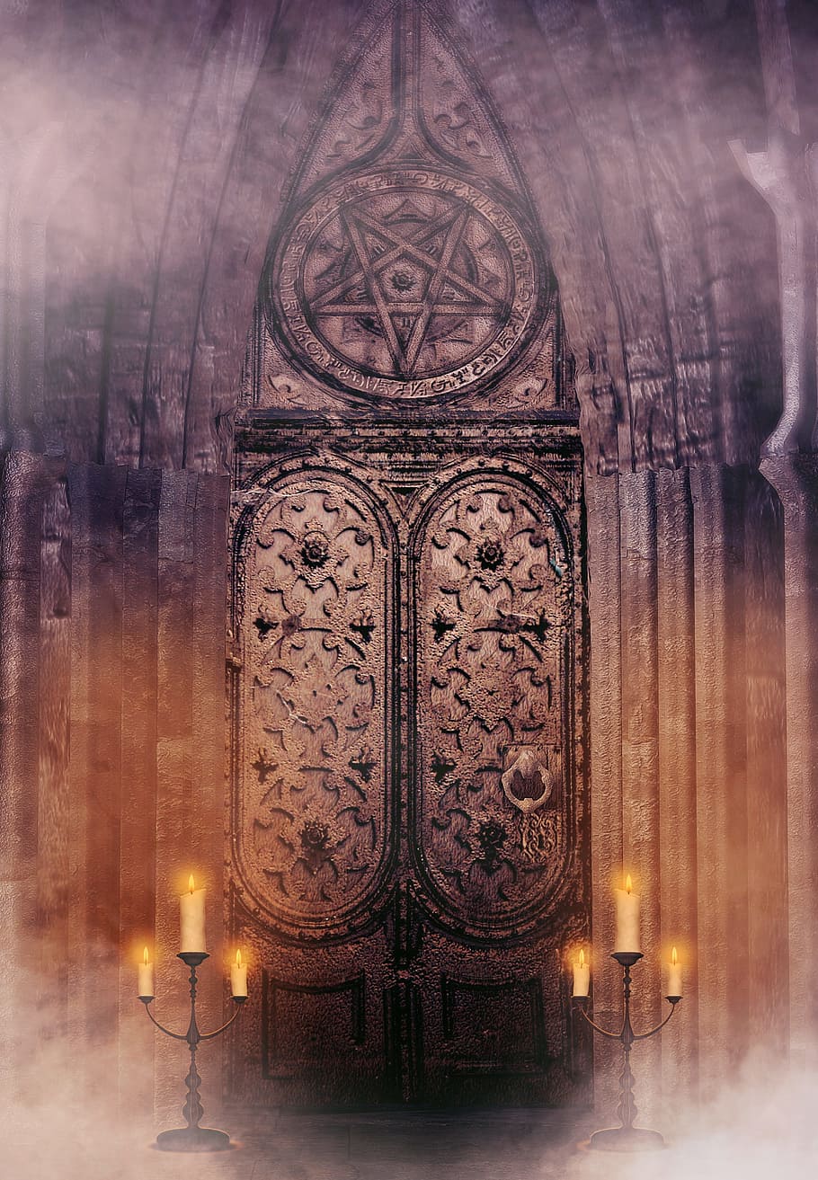 brown occult gate with candles and smoke, gothic, religion HD wallpaper