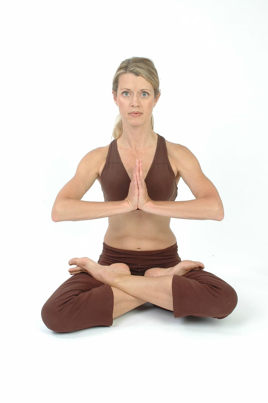 woman with brown yoga suit doing lotus position, pilates, health, HD wallpaper