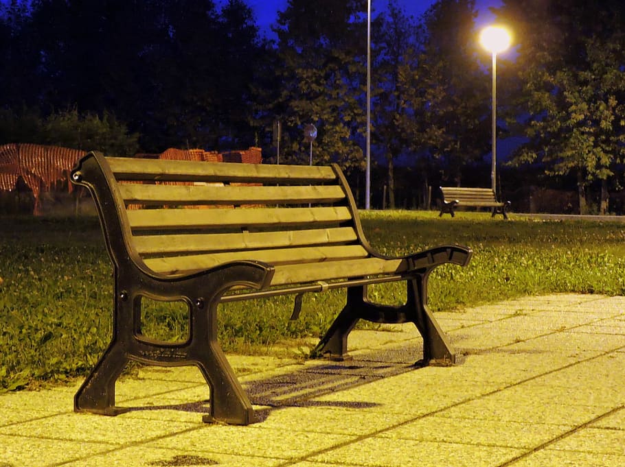 Bench, Night, Light, Lighting, park, solitude, nothing, seat, HD wallpaper
