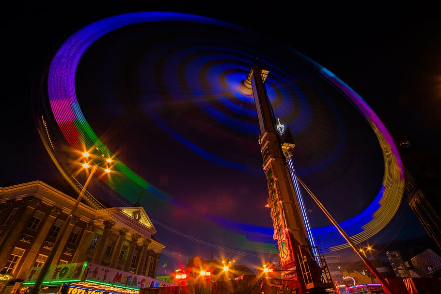 concrete structures during nighttime, fair, ride, attraction HD wallpaper