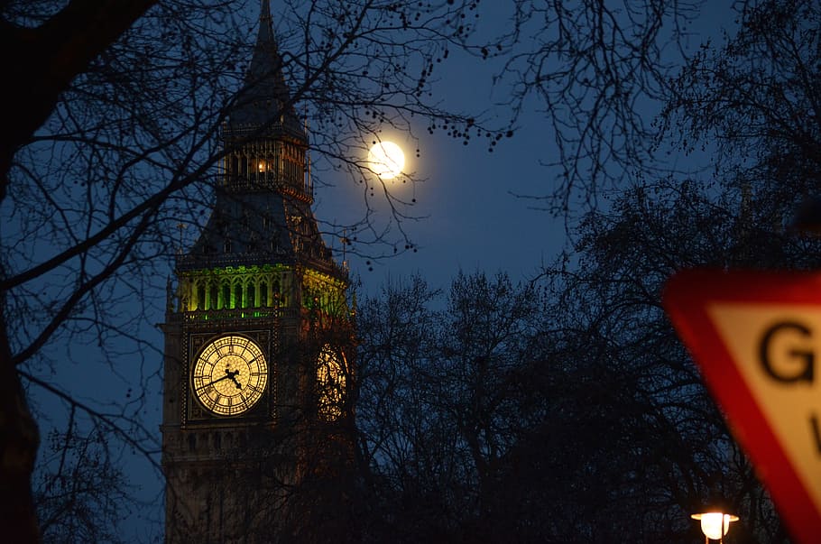 full moon, london, big ben, night, england, clock, light, great britain, HD wallpaper