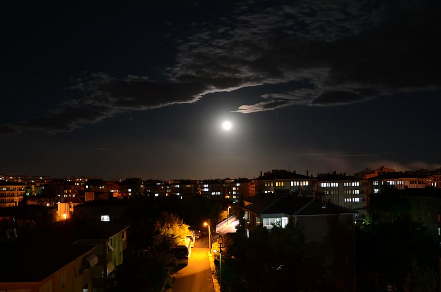 night, month, cloudy night, landscape, sky, dark, peace, townscape HD wallpaper
