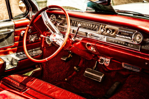 red vehicle interior, auto, oldtimer, cadillac, automotive HD wallpaper