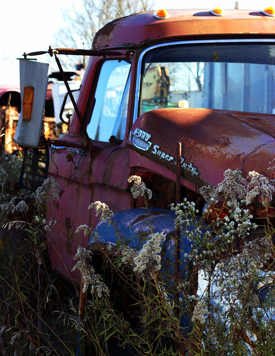 HD wallpaper: salvage yard, car, wreck, vintage, old, broken, red ...