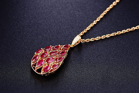 red jeweled gold-colored pendant necklace, jewelry, ruby, wealth HD wallpaper