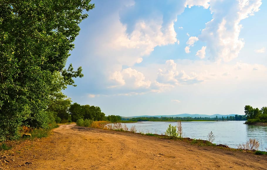 river surrounded by trees, sky, clouds, road, summer, sun, beauty HD wallpaper