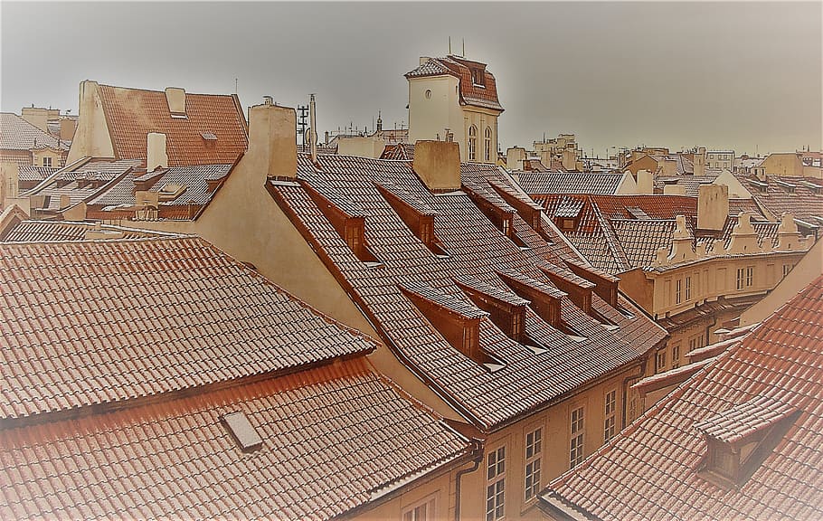 prague, roofs, snow, czech, architecture, building exterior HD wallpaper