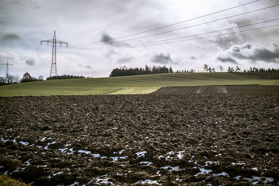 field, arable, clouds, power poles, ground, arable land, sky HD wallpaper