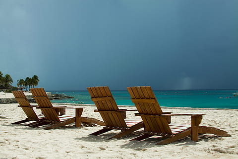 brown wooden beach chairs, storm, sand, summer, ocean, coast HD wallpaper