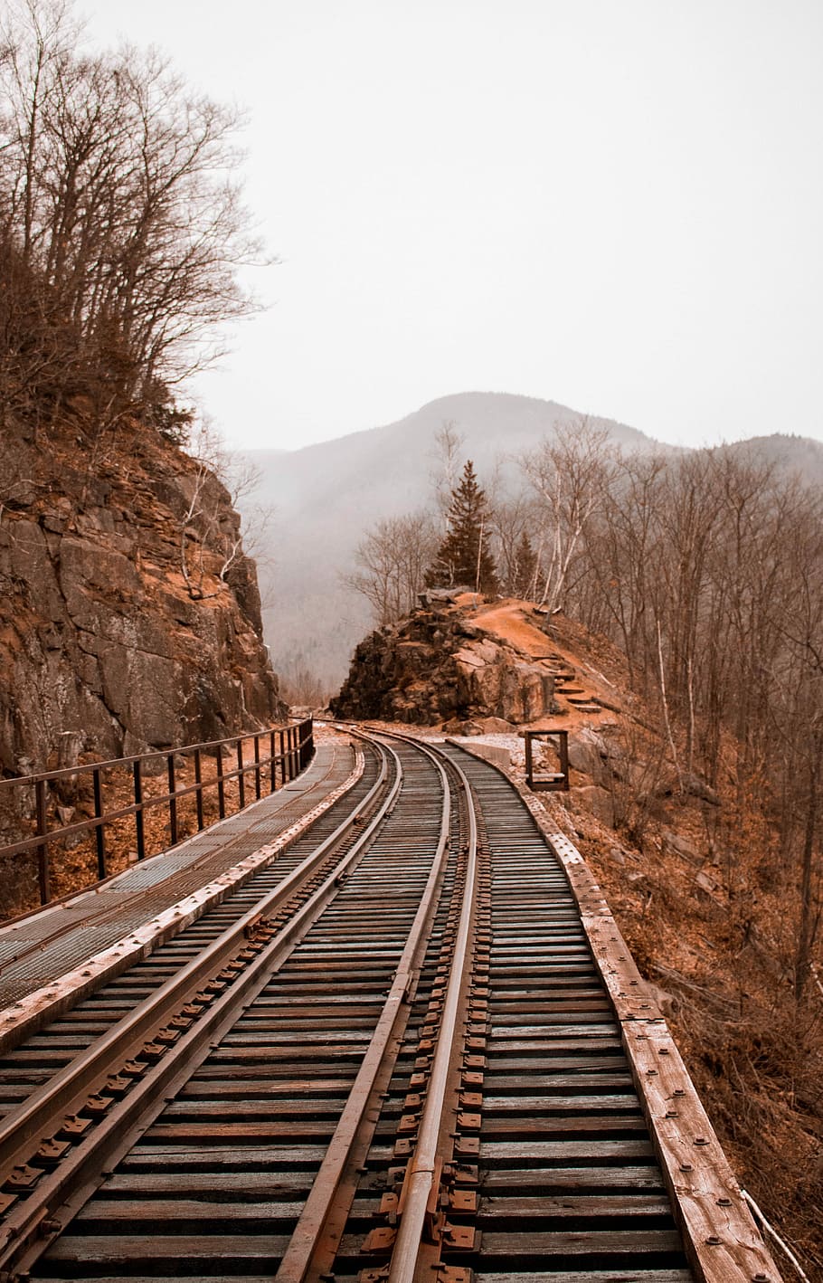 brown and gray train rails between rock hill and cliff, photo of a train railings, HD wallpaper