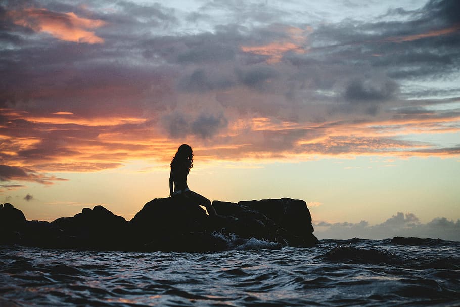 beach, dawn, dusk, nature, ocean, outdoors, person, rocks, sea HD wallpaper