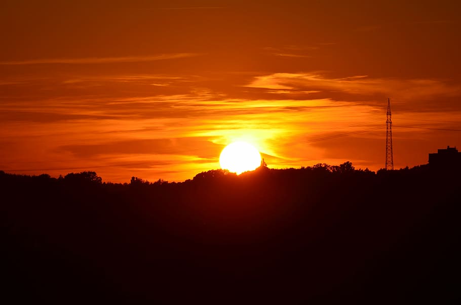 sunset, strommast, power line, glow, afterglow, romance, abendstimmung HD wallpaper