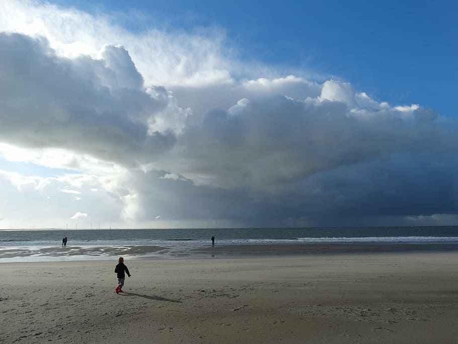 beach, clouds, sea, nature, air, coast, land, sky, cloud - sky HD wallpaper