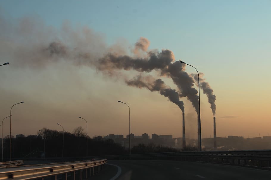 building erupting smoke, Factory, Emissions, Road, pollution HD wallpaper