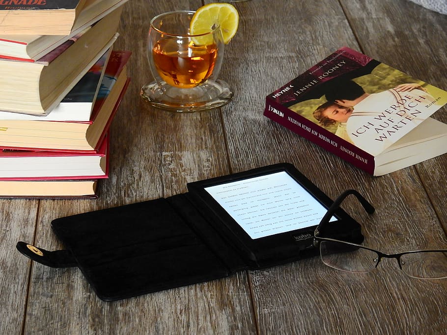 black e-book reader beside eyeglasses, literature, learn, text HD wallpaper