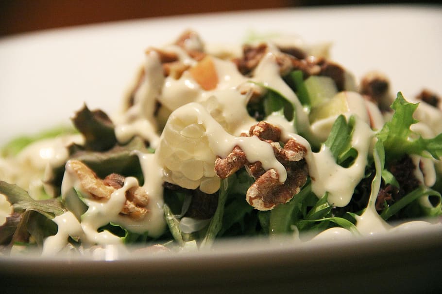vegetable salad on plate, salads, fruit, nuts, walnuts, pomelo HD wallpaper